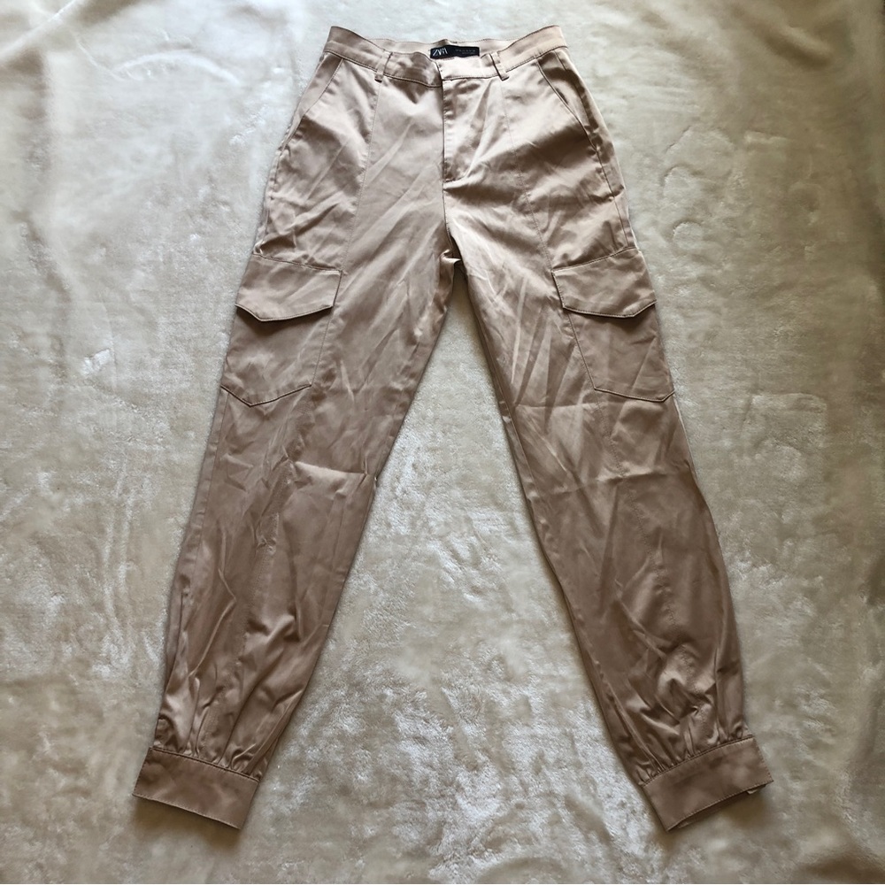 Zara Satin Tan High Waisted Cargo Pants Size XS - Picture 2 of 14